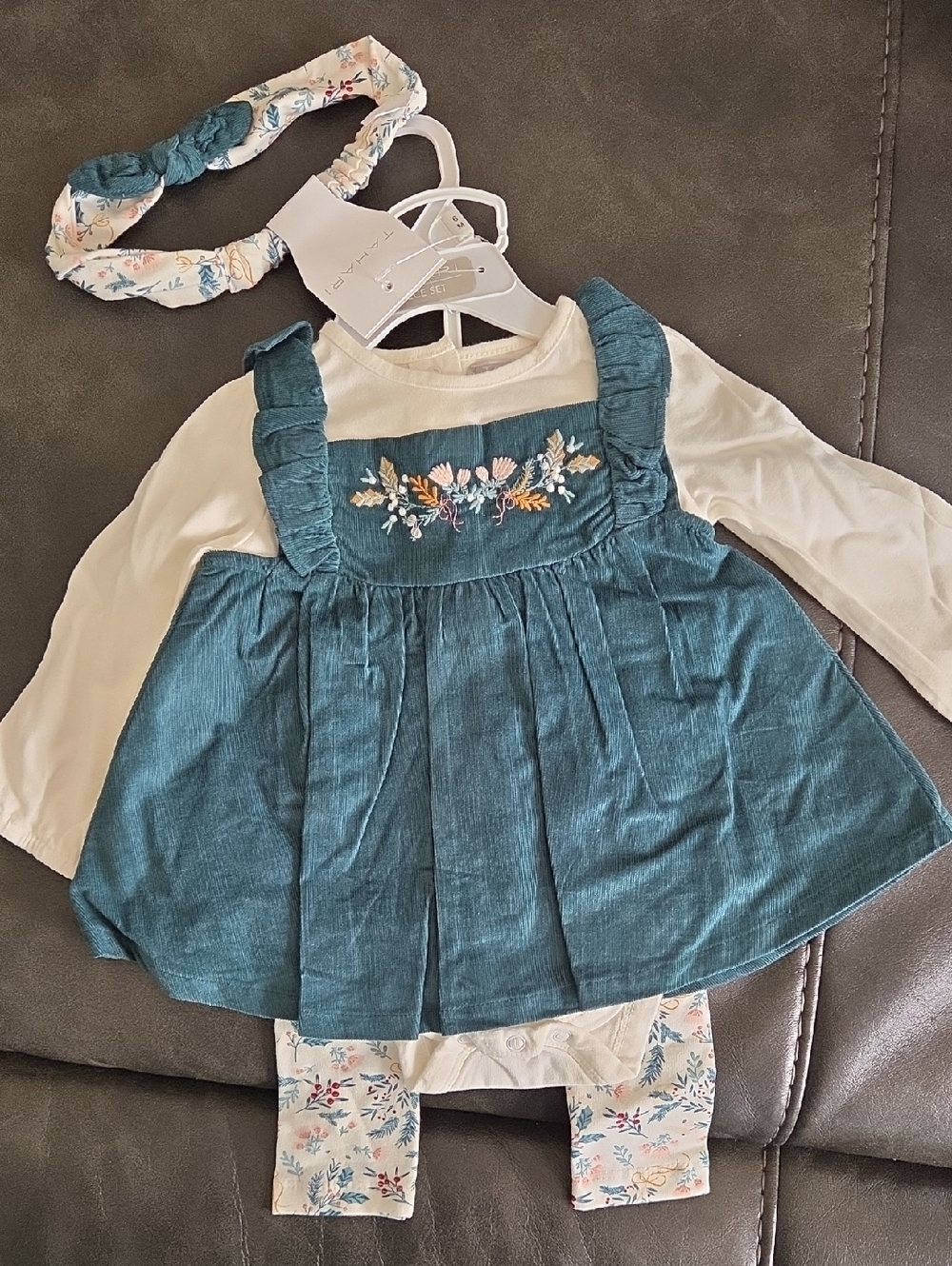 NWT Teal Corduroy Baby Dress Set with Floral Embroidery